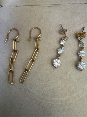 Nadri set of two Gold plated Drop Chain Earrings with Clear Crystal Dangles